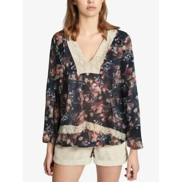 About A Girl Los Angeles Women's Sheer Floral Lace Trim Bohemian Blouse Medium - Picture 1 of 8